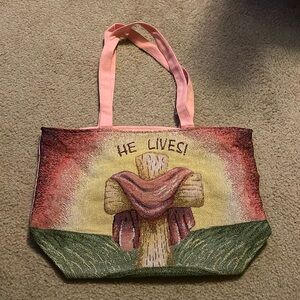 Tapestry tote with logo HE LIVES